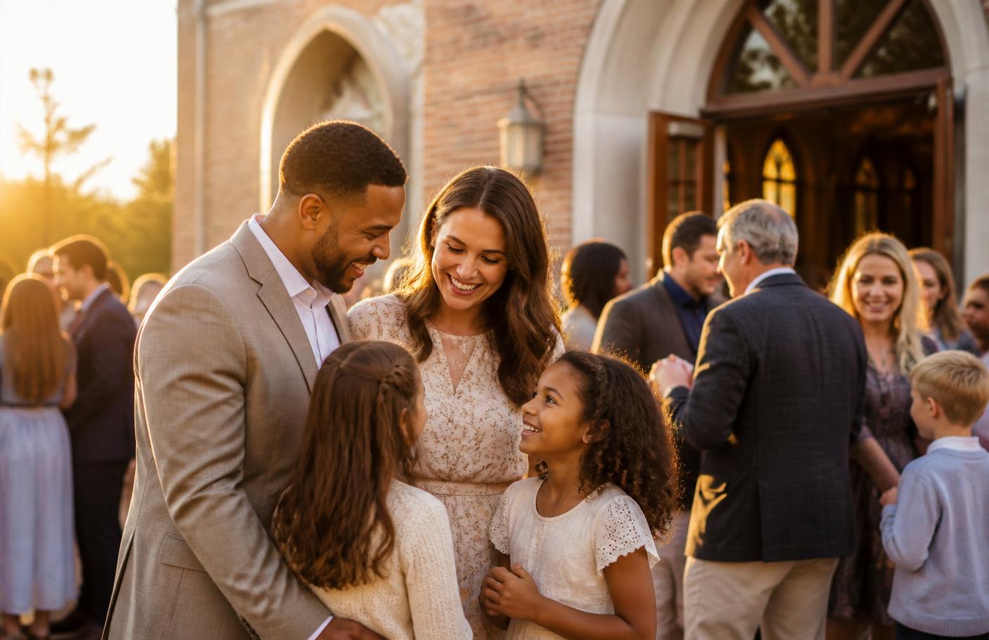 Christian school families gathered outside a chapel