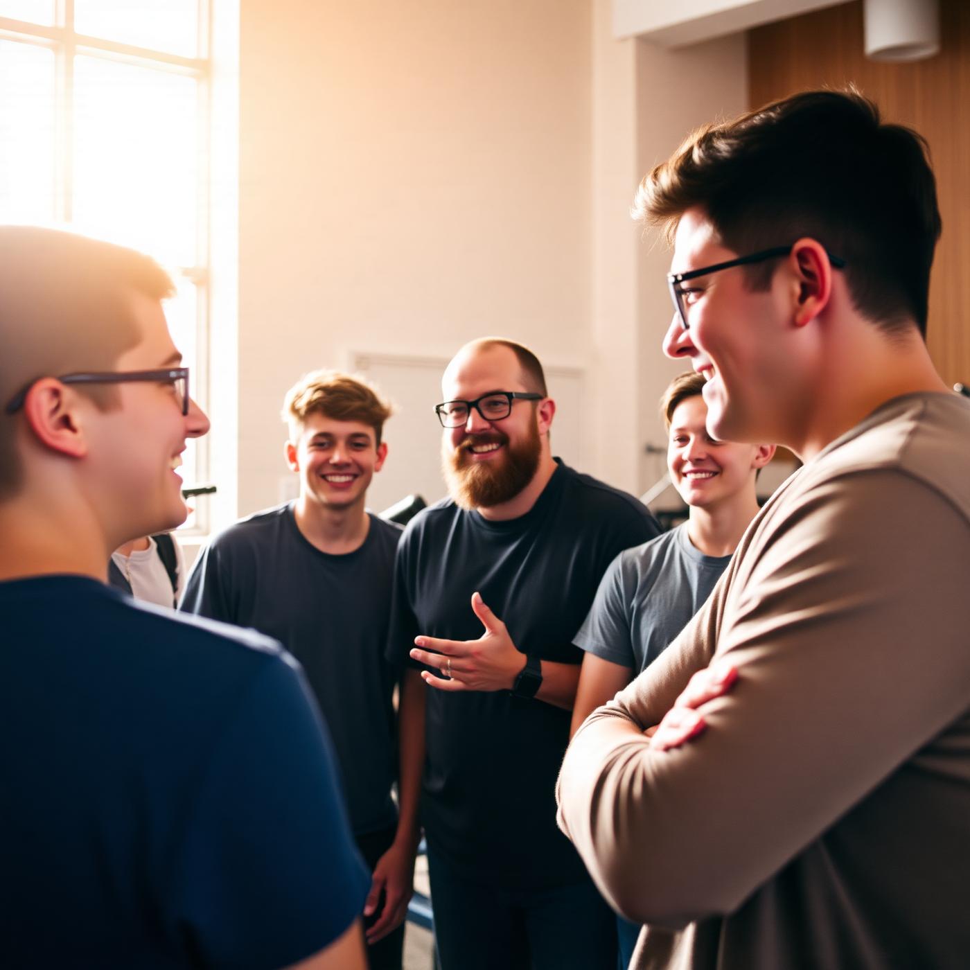 Youth pastor mentoring teenagers in a church youth room